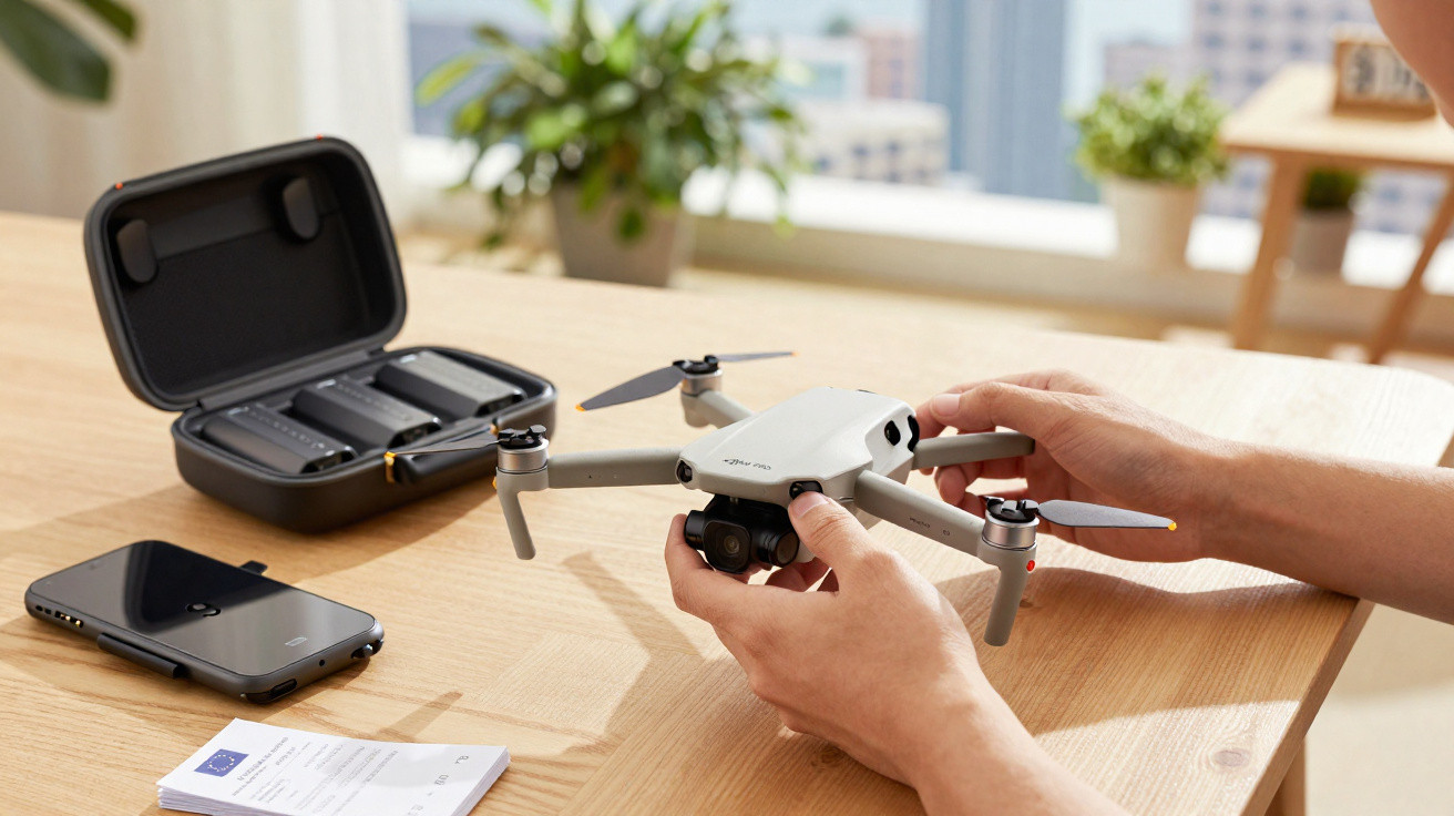 Mãos segurando drone branco sobre mesa com caixa de baterias, celular e documentos ao redor.