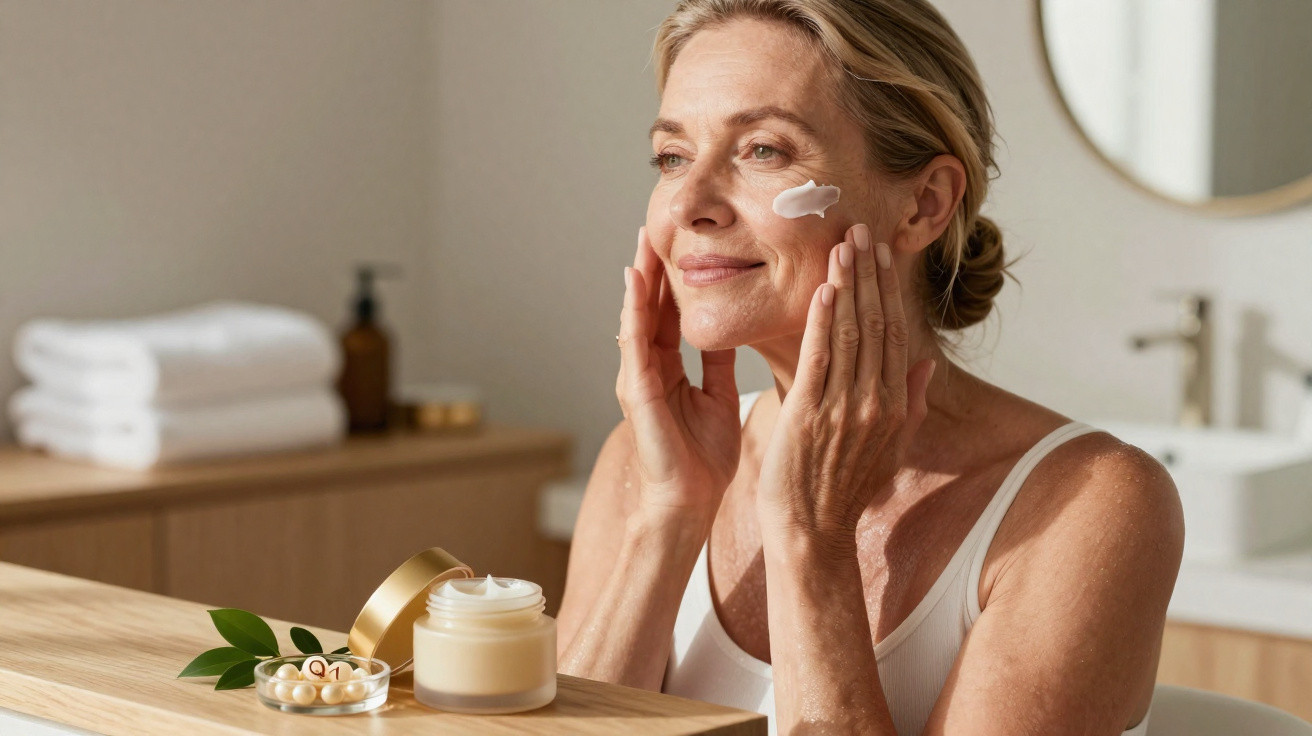Mulher madura aplicando creme facial em ambiente de banheiro com toalhas ao fundo.