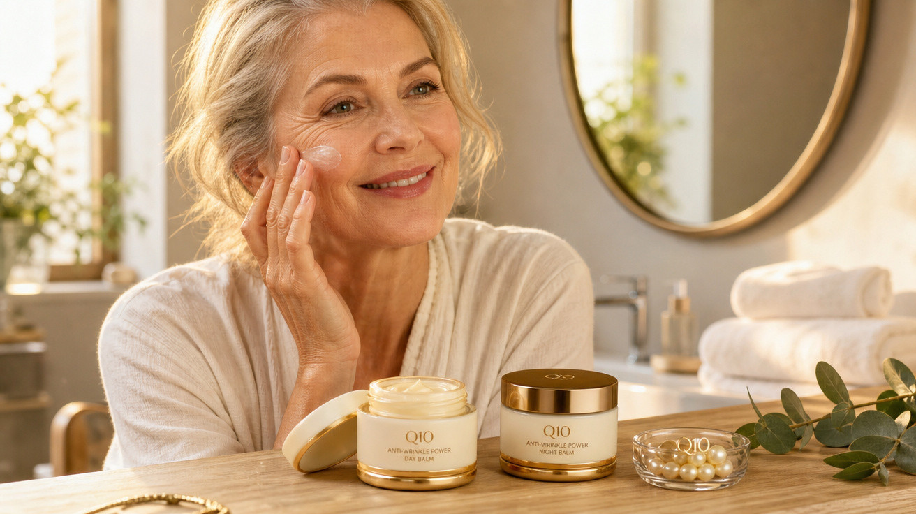 Mulher madura aplicando creme facial em ambiente iluminado, com frascos de cosméticos ao fundo.