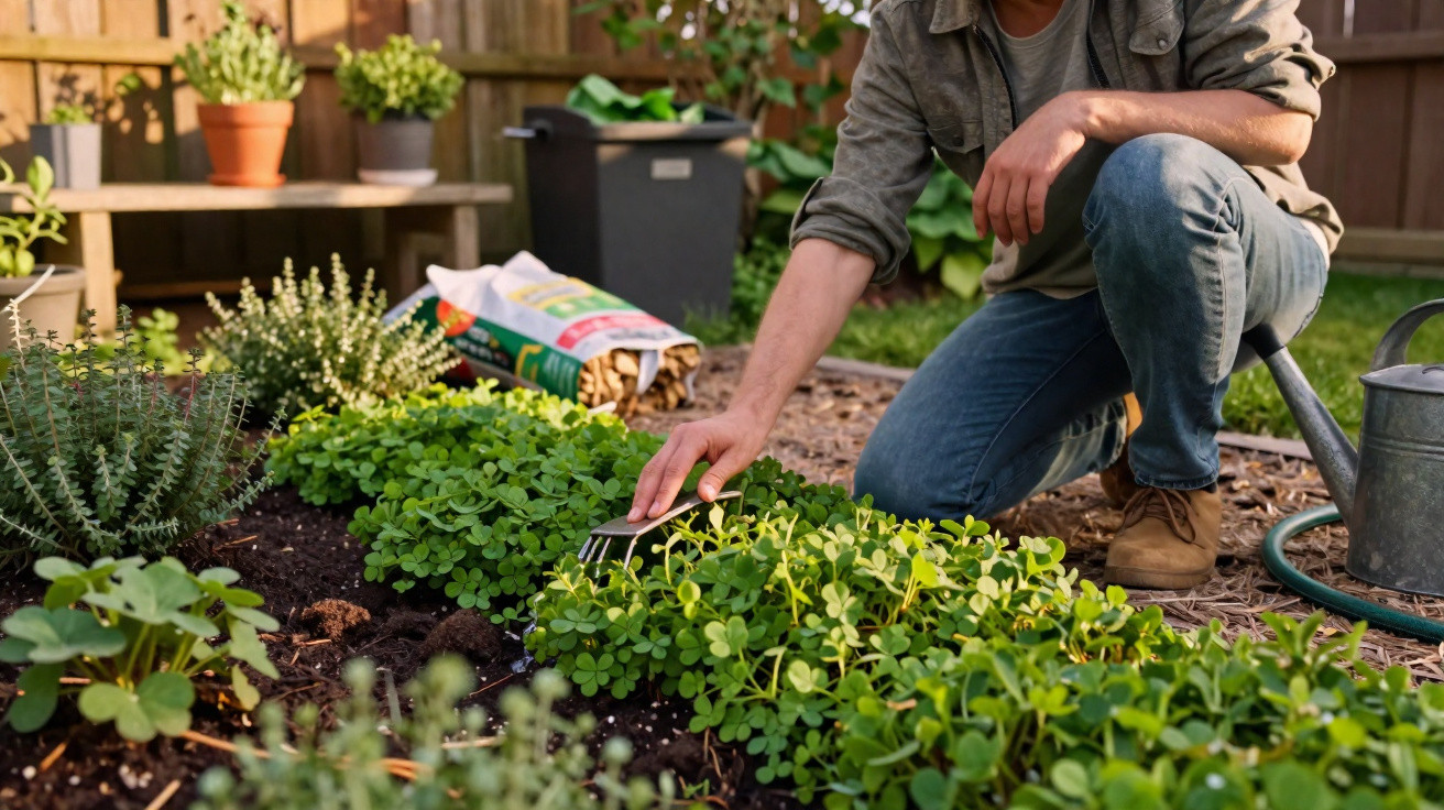 Pessoa cuidando de plantas em jardim com regador e vasos ao fundo em área externa.
