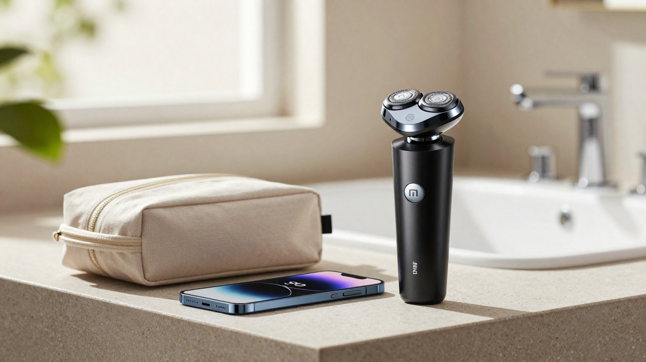 Aparador de barba elétrico preto, telefone e necessaire sobre bancada de banheiro.