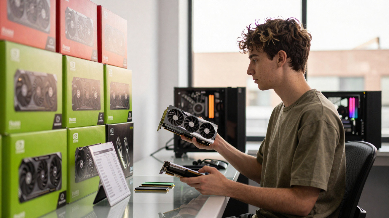 Jovem segurando placas de vídeo em mesa com caixas, computador aberto e janela ao fundo.