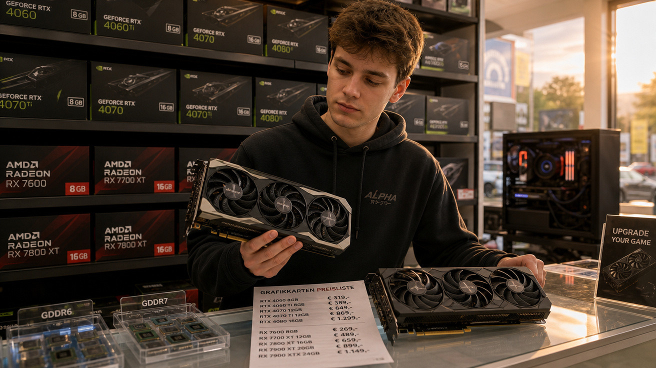 Homem em loja de informática segurando placa de vídeo enquanto escolhe entre dois modelos expostos no balcão.