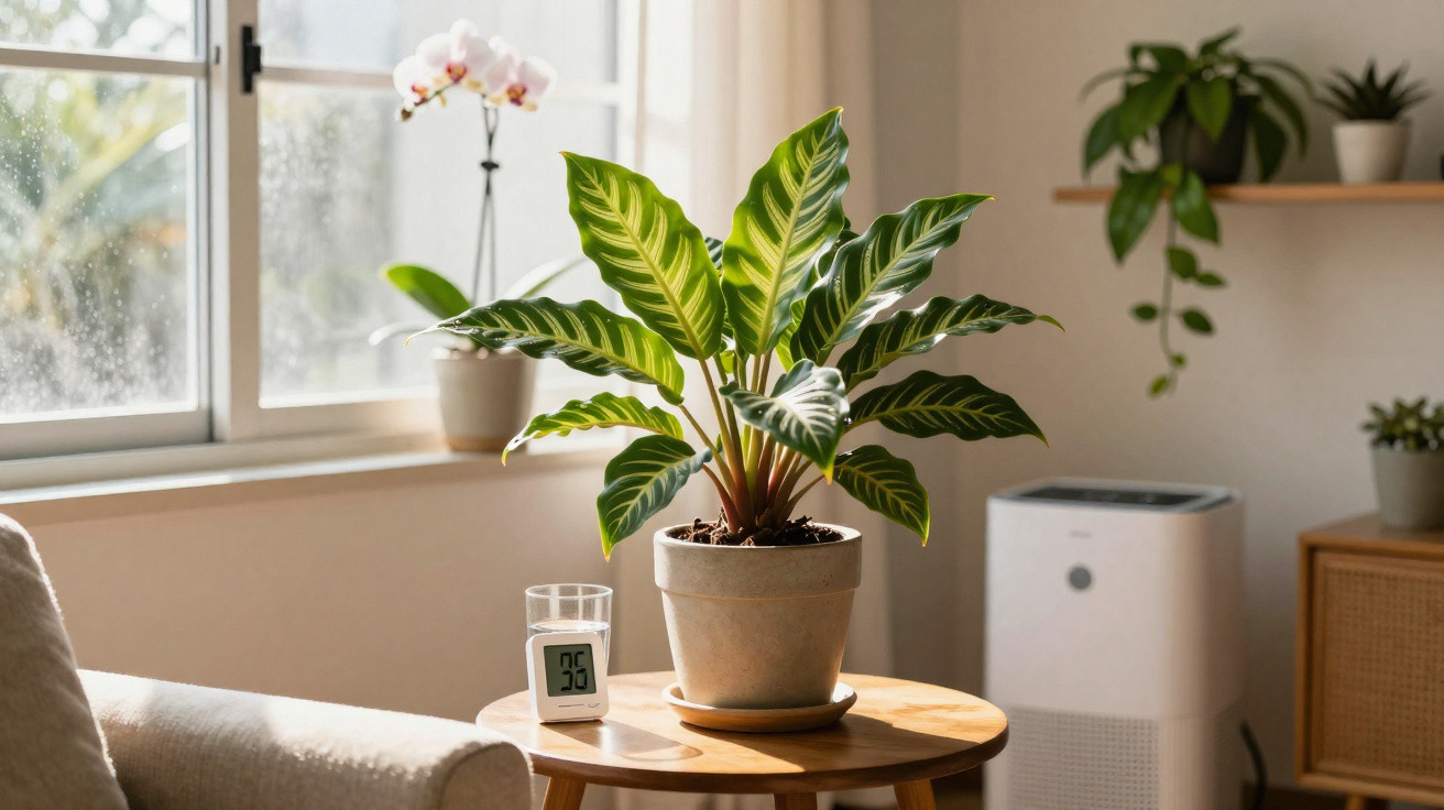 Planta verde em vaso sobre mesa de madeira ao lado de copo e medidor digital em sala iluminada.