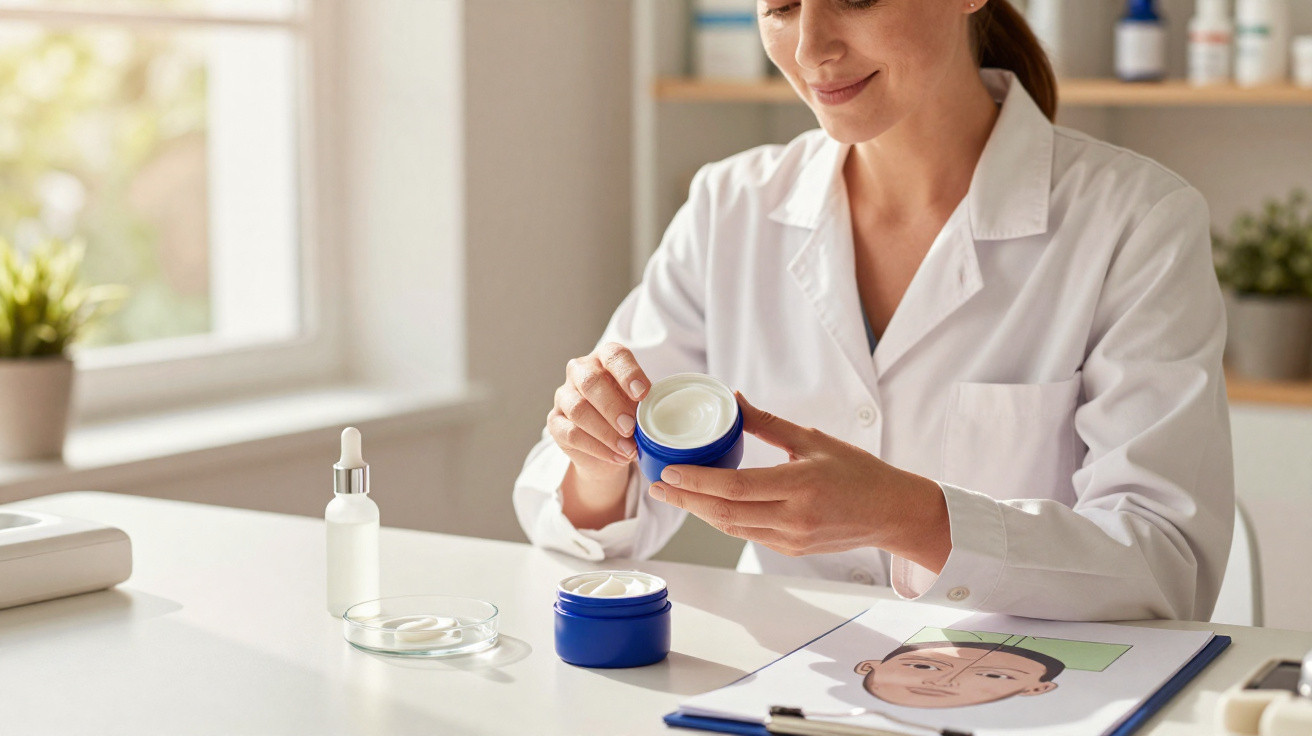 Mulher em jaleco branco segurando pote de creme em laboratório com frascos e documentos na mesa.