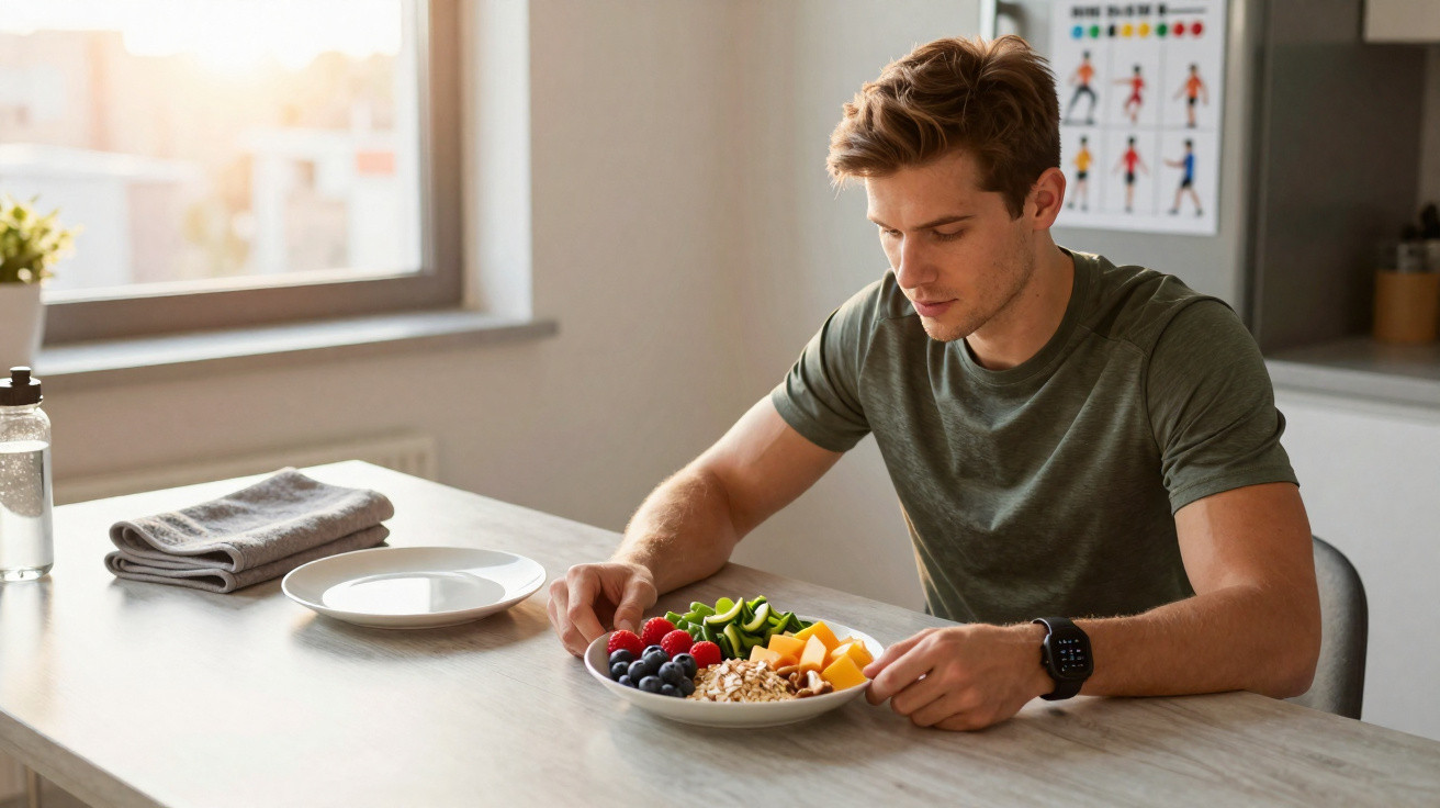 Homem jovem sentado à mesa olhando para um prato com frutas e granola em cozinha iluminada.