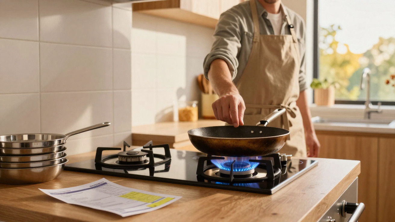 Pessoa com avental acendendo o fogão a gás em cozinha moderna com frigideira sobre a chama azul.