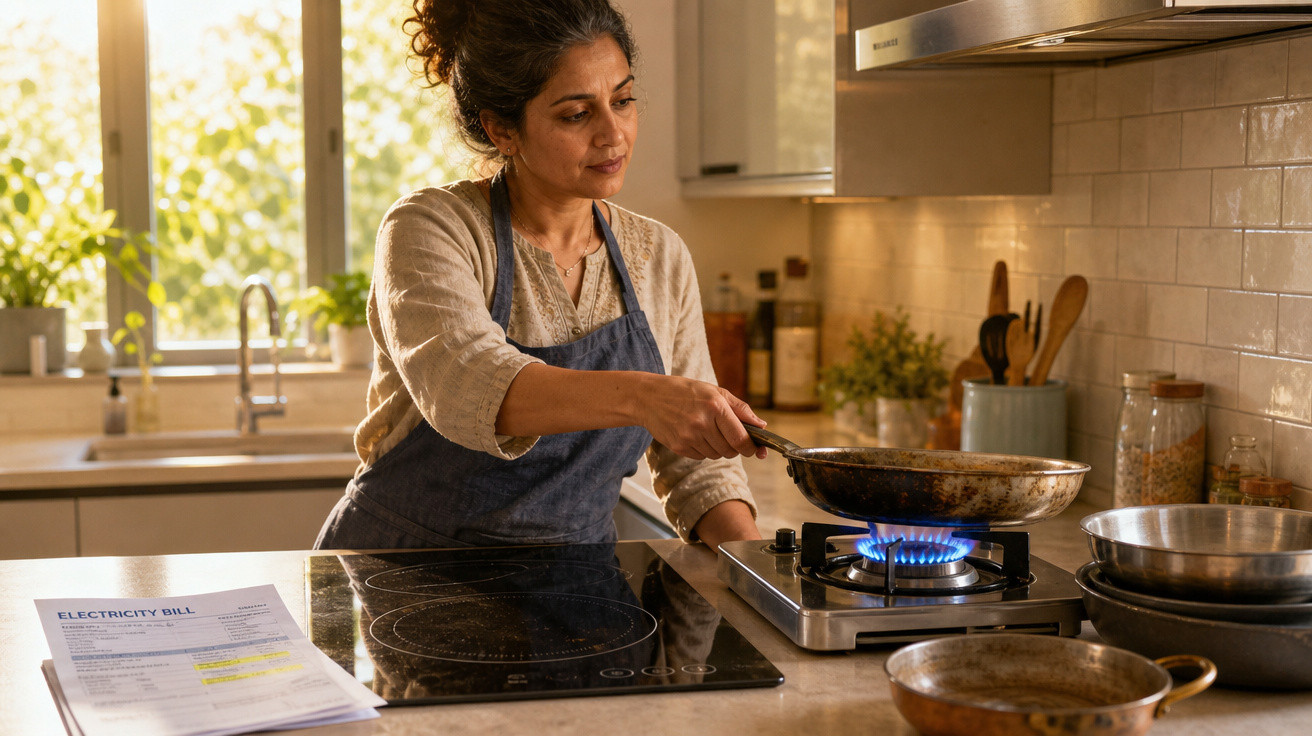 Mulher em cozinha doméstica usando avental, cozinhando em fogão a gás e segurando frigideira.