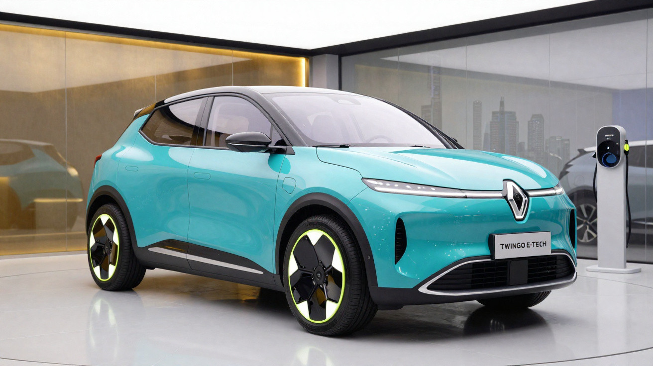 Carro elétrico Renault Twingo E-Tech azul em exibição, com estação de recarga ao lado em ambiente moderno.