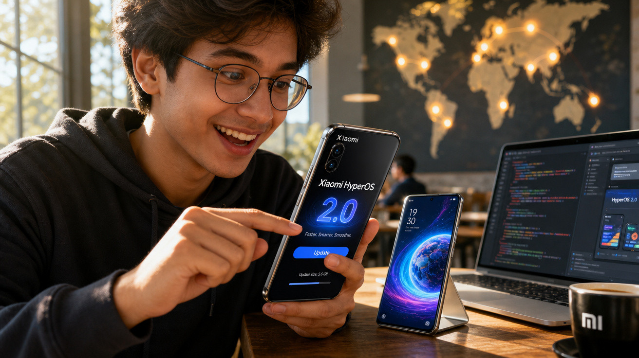 Jovem animado atualiza smartphone Xiaomi para HyperOS 2.0 em mesa com laptop e outro celular.