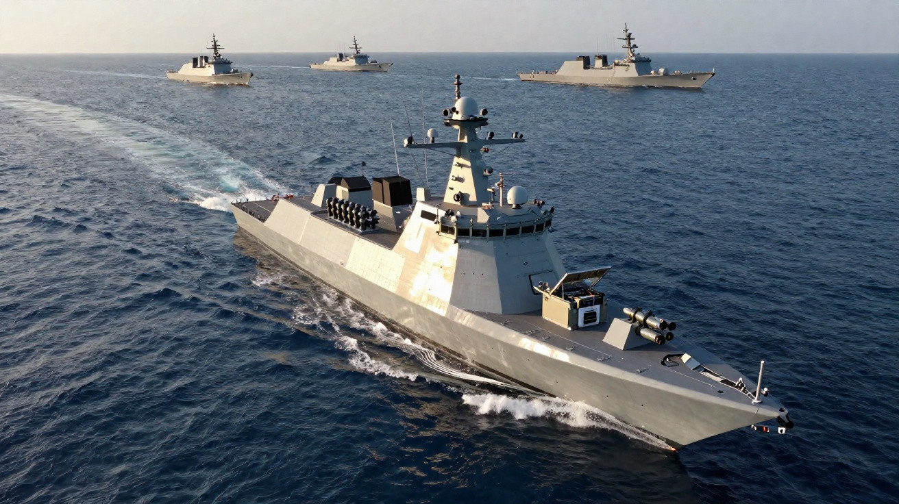Quatro navios de guerra modernos navegando em formação no mar ao entardecer.