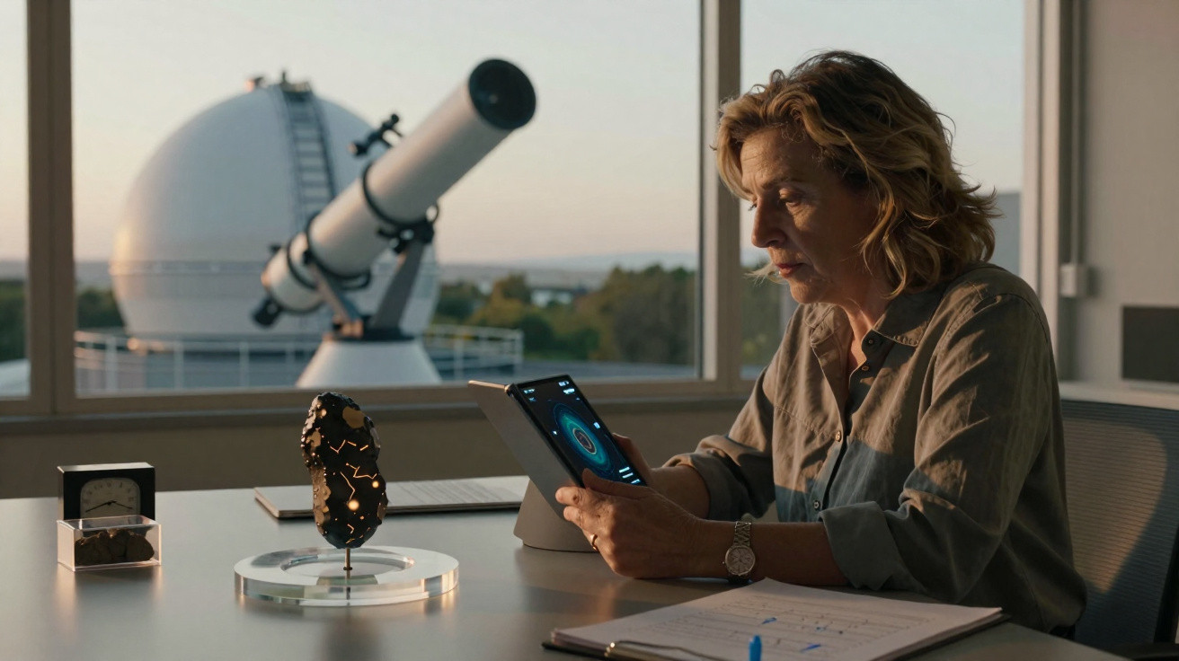 Mulher analisando dados em tablet, sentada em mesa com objeto iluminado, telescópio e observatório ao fundo.