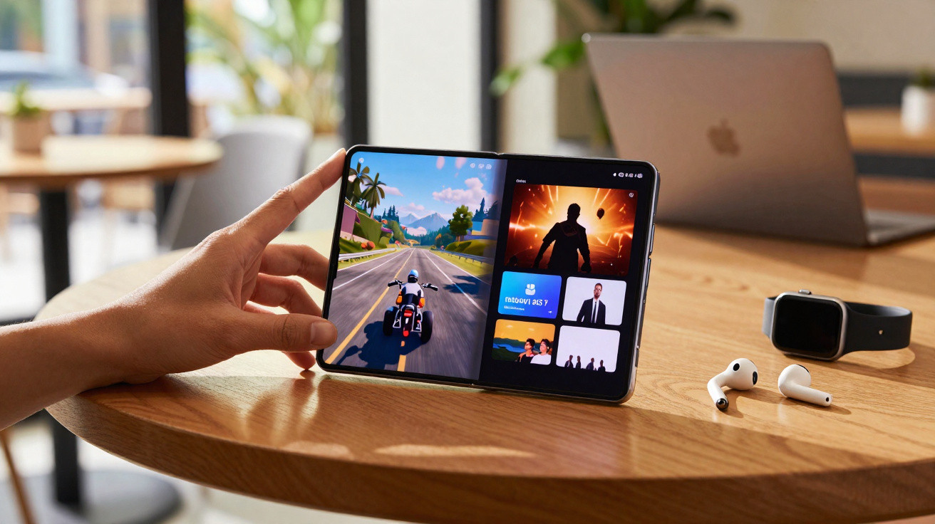 Pessoa segurando tablet dobrável exibindo jogo de moto e vídeos, sobre mesa com laptop, smartwatch e fones sem fio.