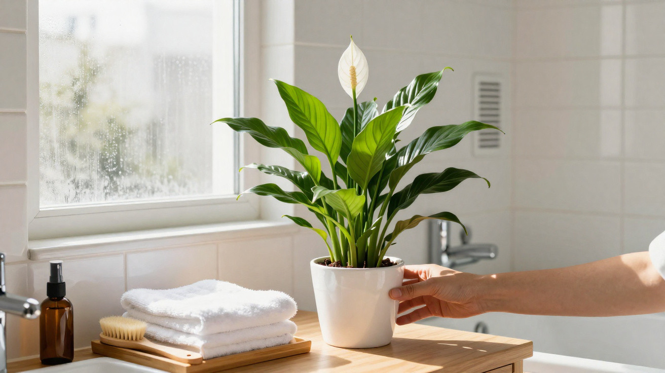 Mão ajustando planta com flores brancas em vaso branco sobre bancada de madeira ao lado de toalhas e janela.