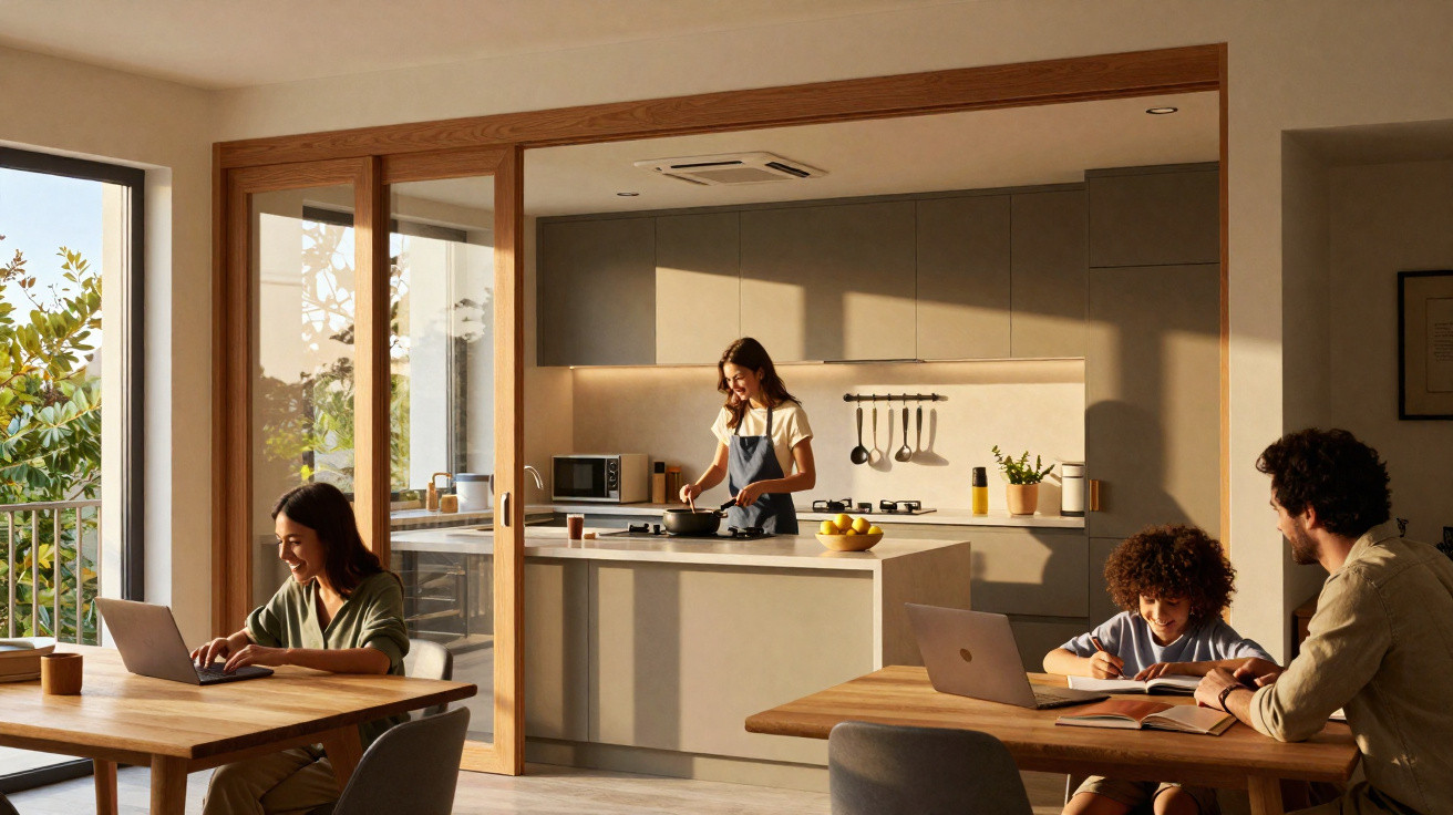 Família em cozinha moderna com mulher cozinhando e membros usando laptop e estudando à mesa.