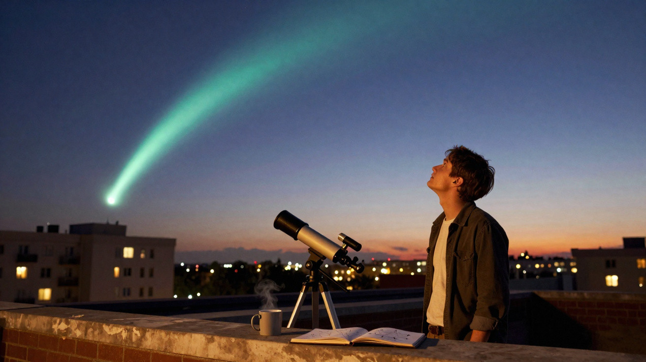 Jovem observa com telescópio um cometa brilhante no céu ao anoitecer no terraço de um prédio.