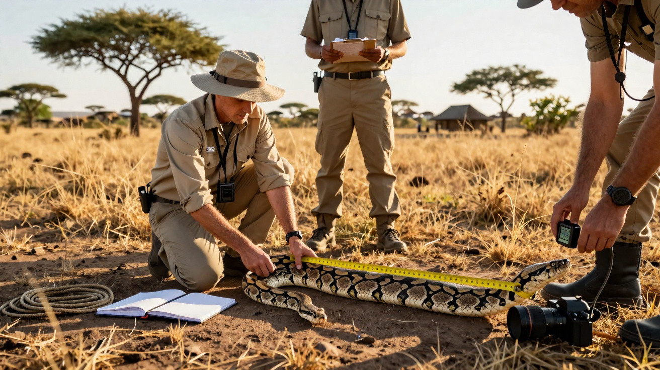 Três pesquisadores medem e estudam uma cobra píton em área seca com árvores ao fundo.