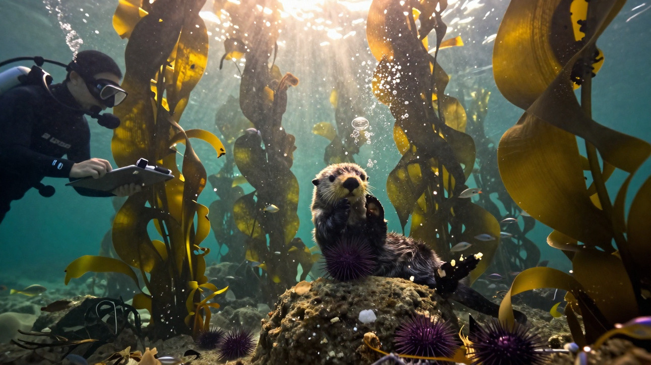 Mergulhador registra lontra marinha entre algas e ouriços-do-mar em ambiente subaquático iluminado.
