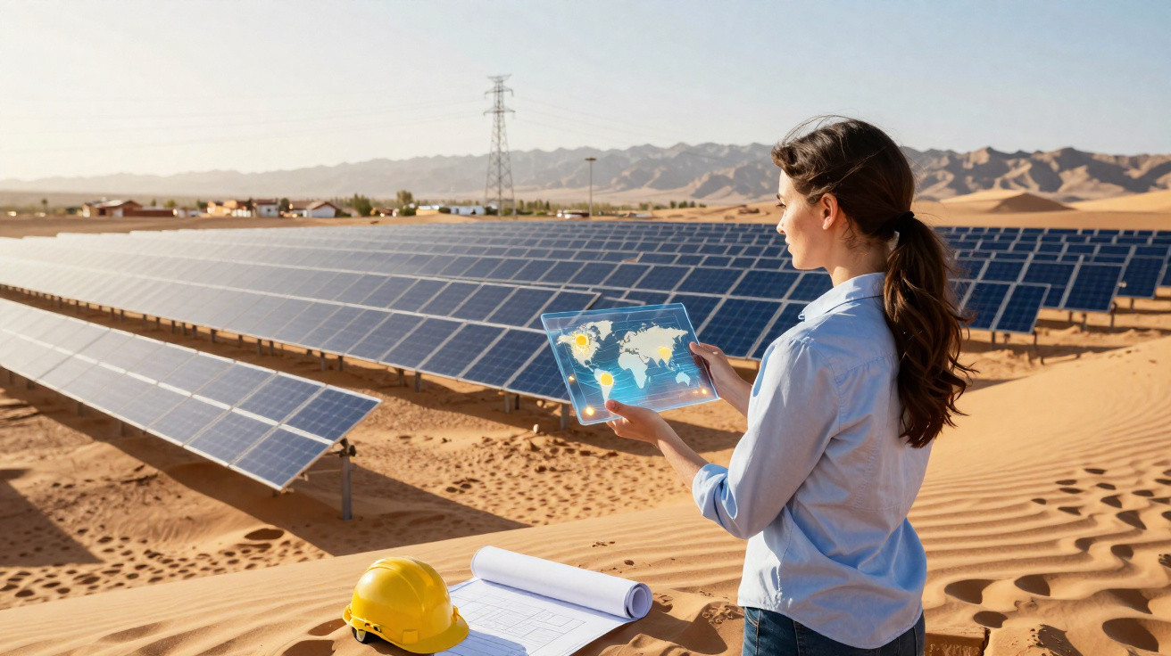 Mulher analisando mapa digital em painel solar no deserto com capacete amarelo e plantas ao fundo.
