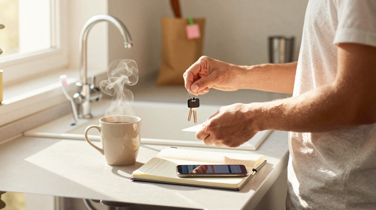 Pessoa segurando chaves sobre balcão de cozinha com xícara de café, celular e caderno ao lado.