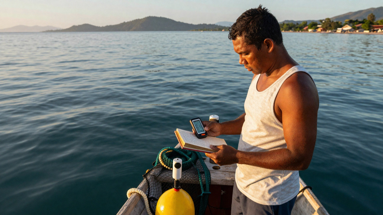 Homem em barco no mar usando aparelho e anotando em caderno, com montanhas e casas ao fundo.
