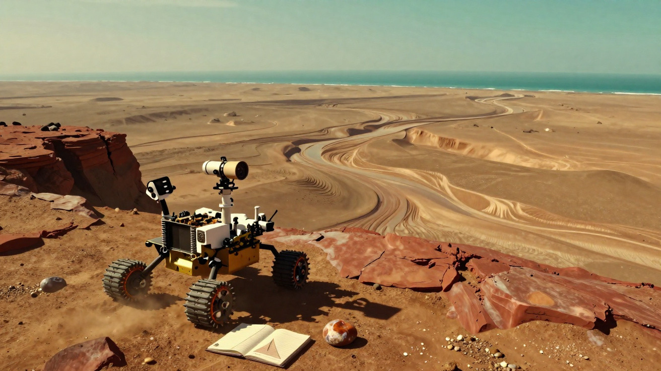 Rover explorando terreno árido e rochoso com caderno aberto em paisagem desértica ao entardecer.