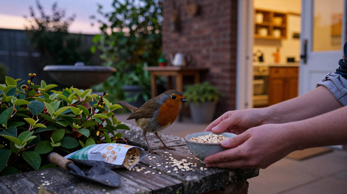 Pássaro com peito alaranjado pousado em mesa rústica recebendo alimento de mãos humanas ao entardecer.