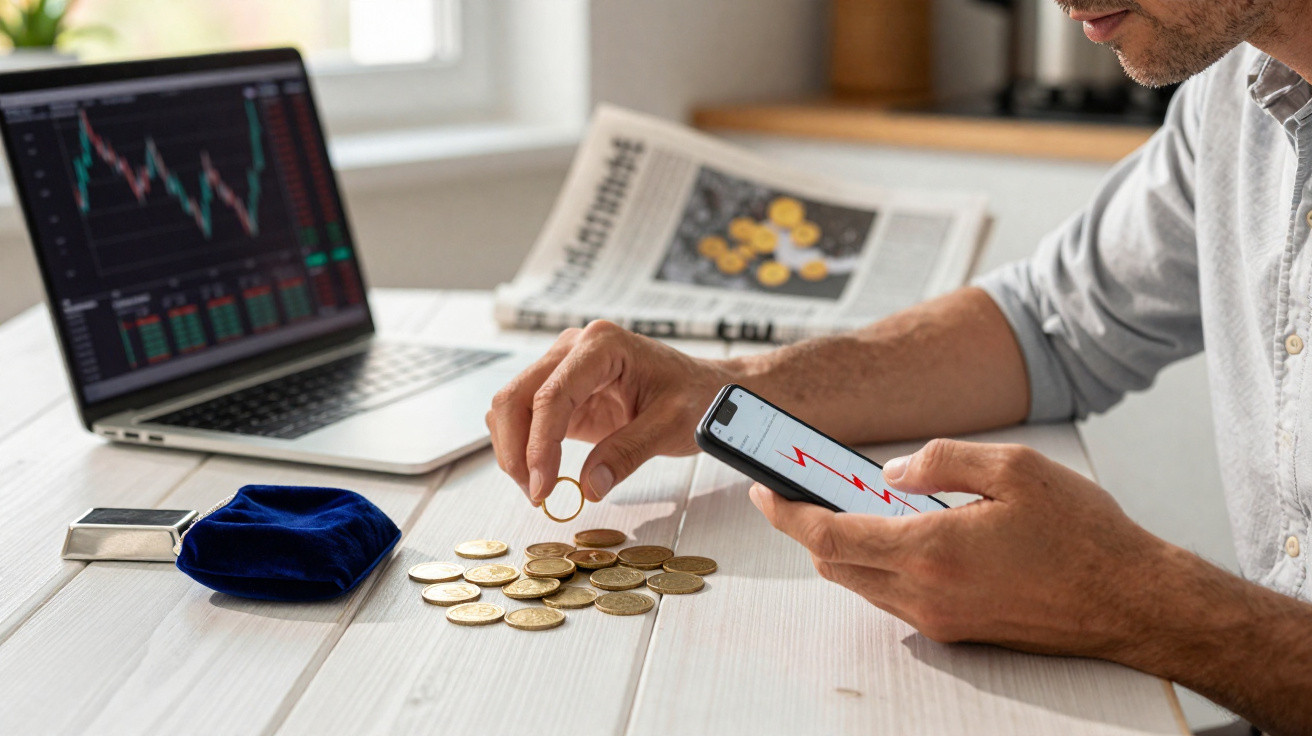 Pessoa usando celular para análise financeira e contando moedas sobre mesa com computador e jornal ao fundo.