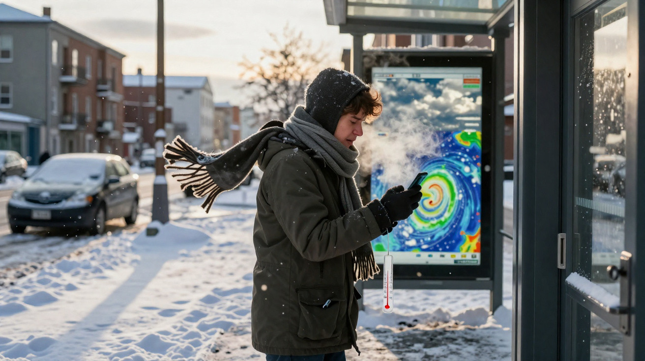 Jovem vestido para o frio intenso usa celular enquanto espera no ponto de ônibus com neve ao redor.