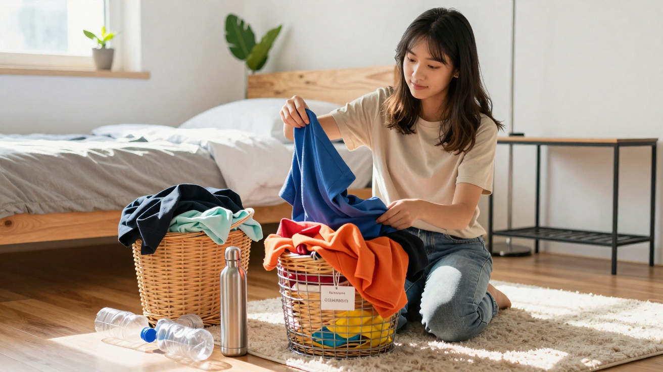 Jovem organizando roupas em cesto de lavanderia no quarto, com garrafa e sacos plásticos no chão.