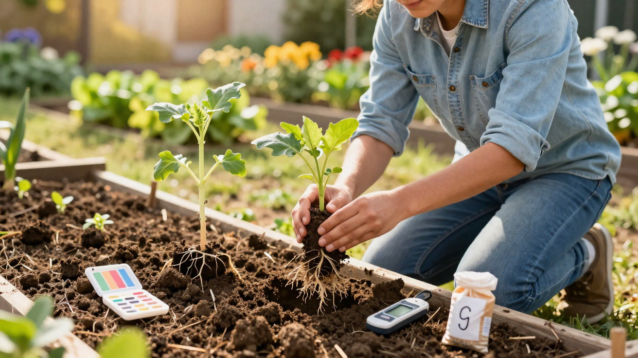 Pessoa plantando mudas em canteiro, com ferramentas de jardinagem e tubos de amostra ao lado.
