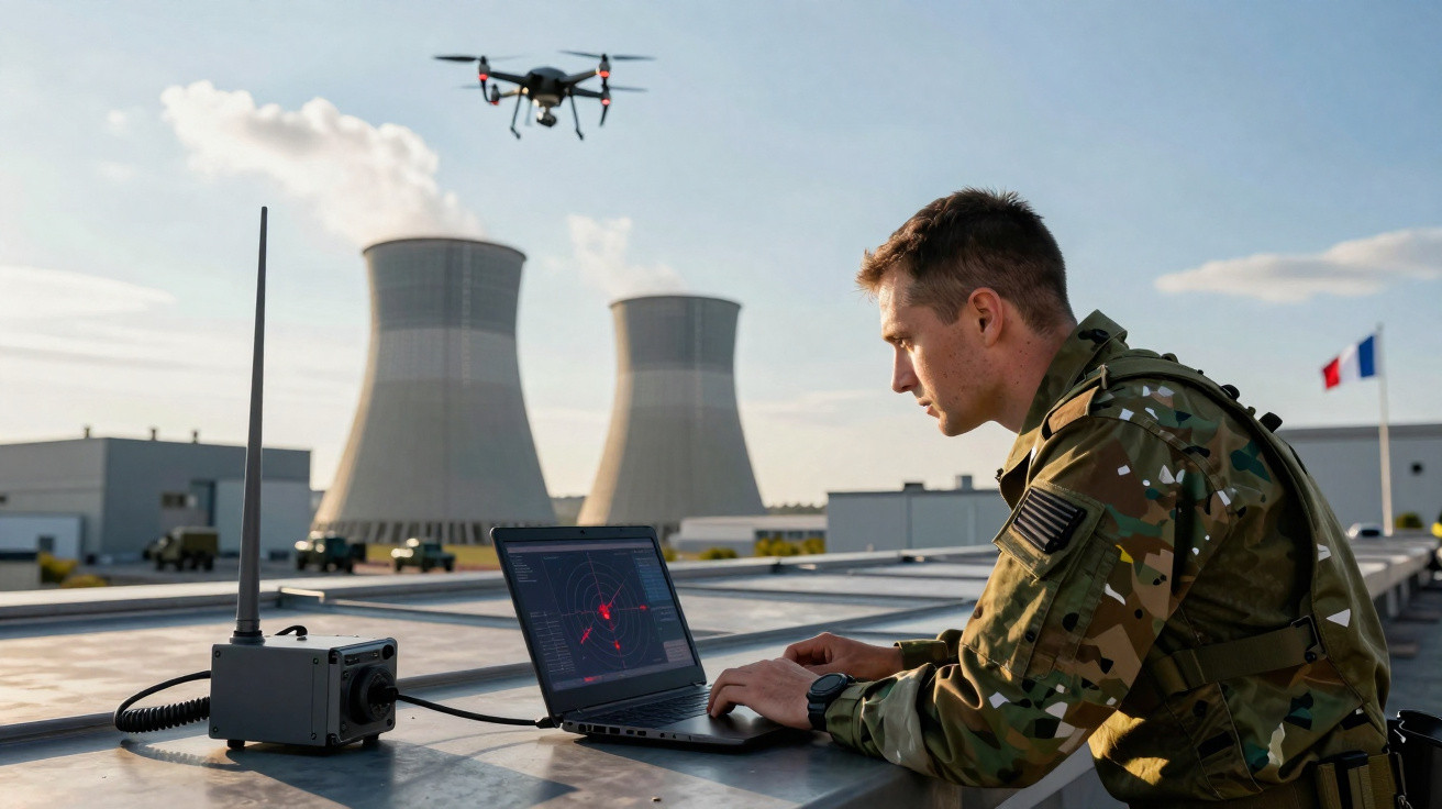 Militar operando drone com laptop próximo a usina nuclear industrial ao ar livre.