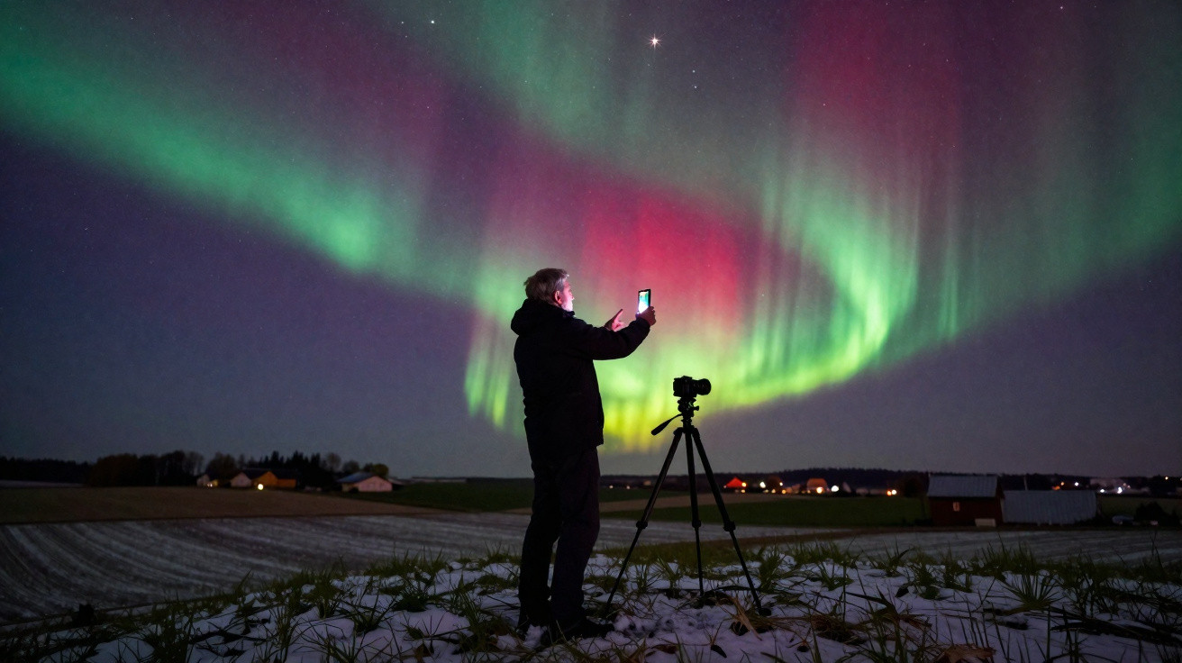 Pessoa registrando a aurora boreal com celular em campo coberto por neve e câmera em tripé.