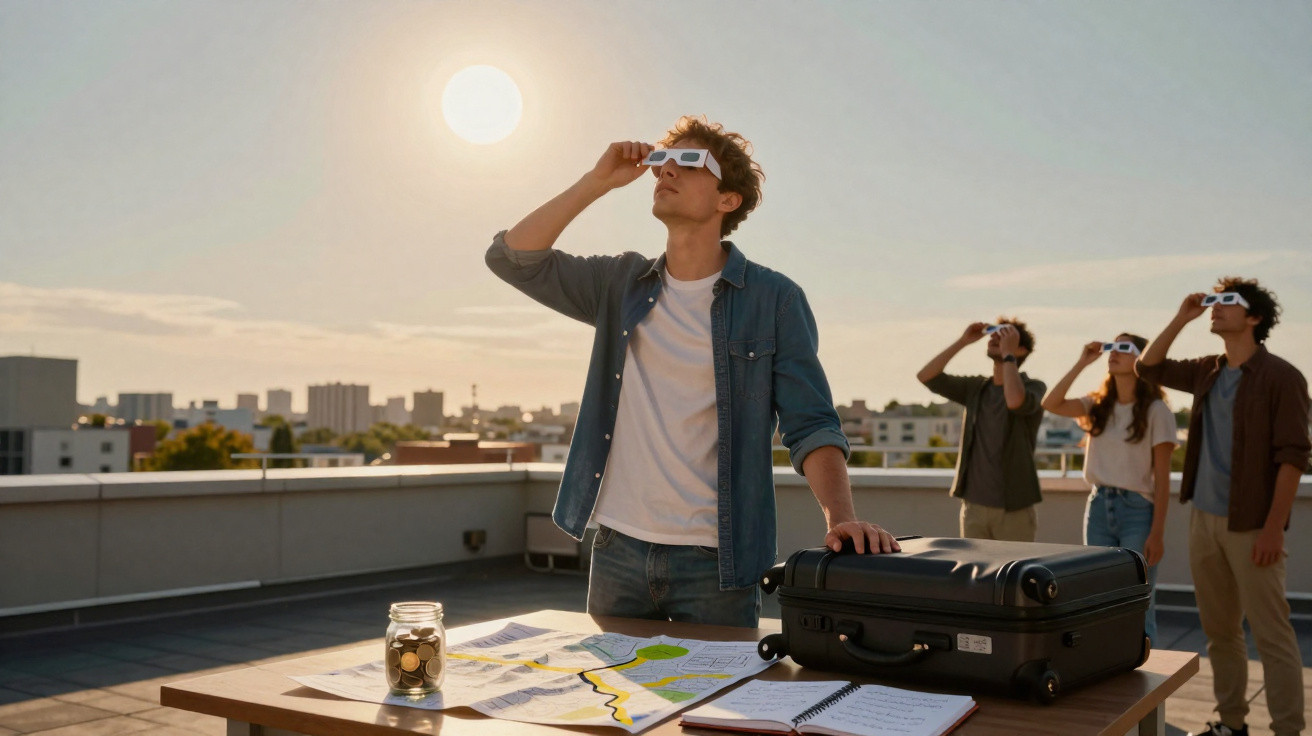Jovens observando o eclipse solar com óculos especiais no terraço ao entardecer, perto de mapas e malas.