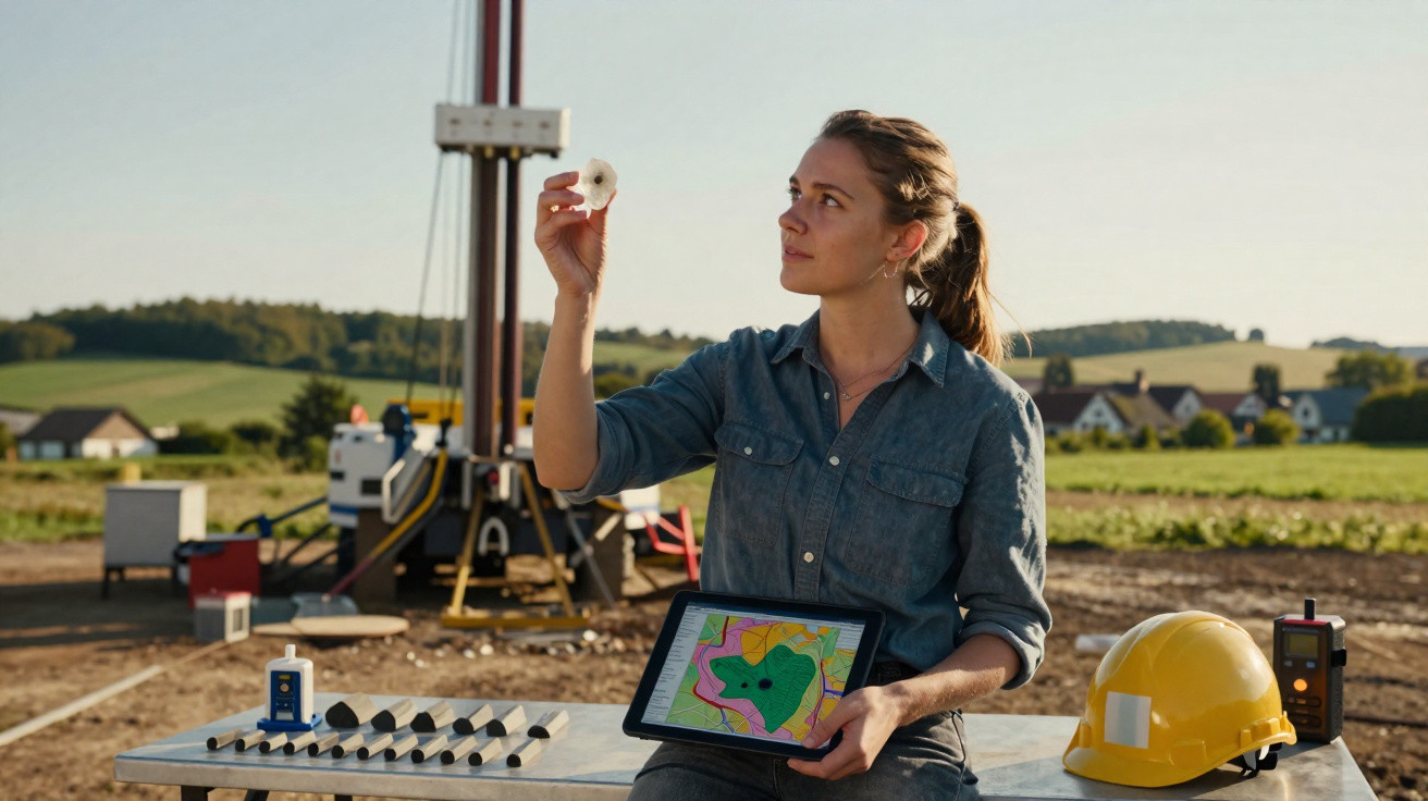 Mulher segurando um tablet com mapa e analisando uma amostra em campo de pesquisa ao ar livre.