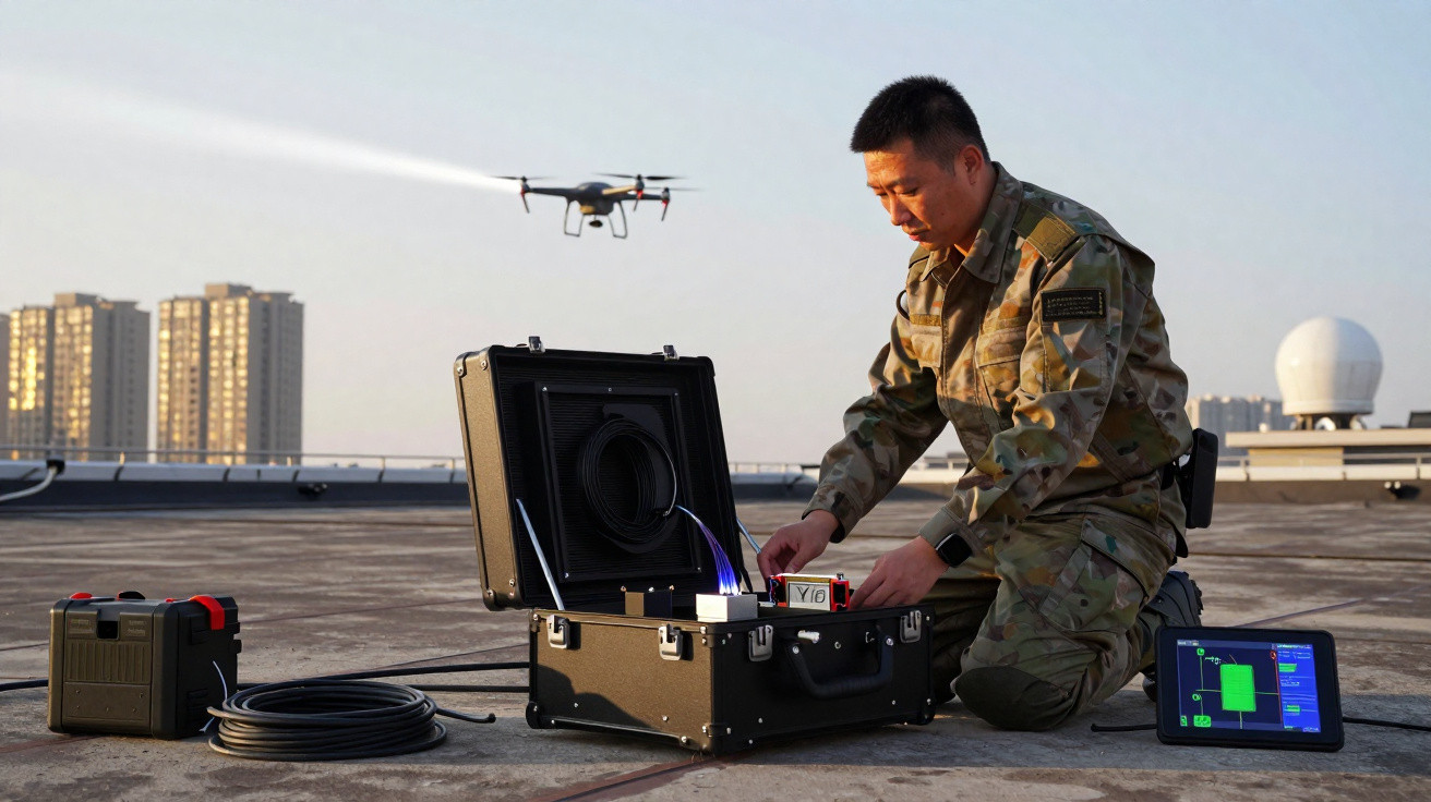 Militar operando equipamento eletrônico para controle de drone em área urbana ao ar livre.