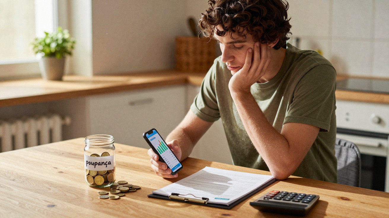 Homem sentado à mesa analisando finanças no celular com jarra de moedas e documentos na cozinha.