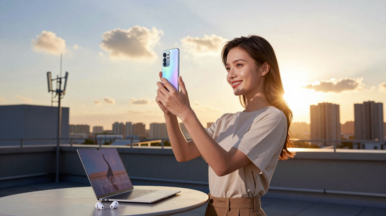 Mulher sorridente tirando selfie com smartphone ao pôr do sol em terraço com notebook e fones na mesa.