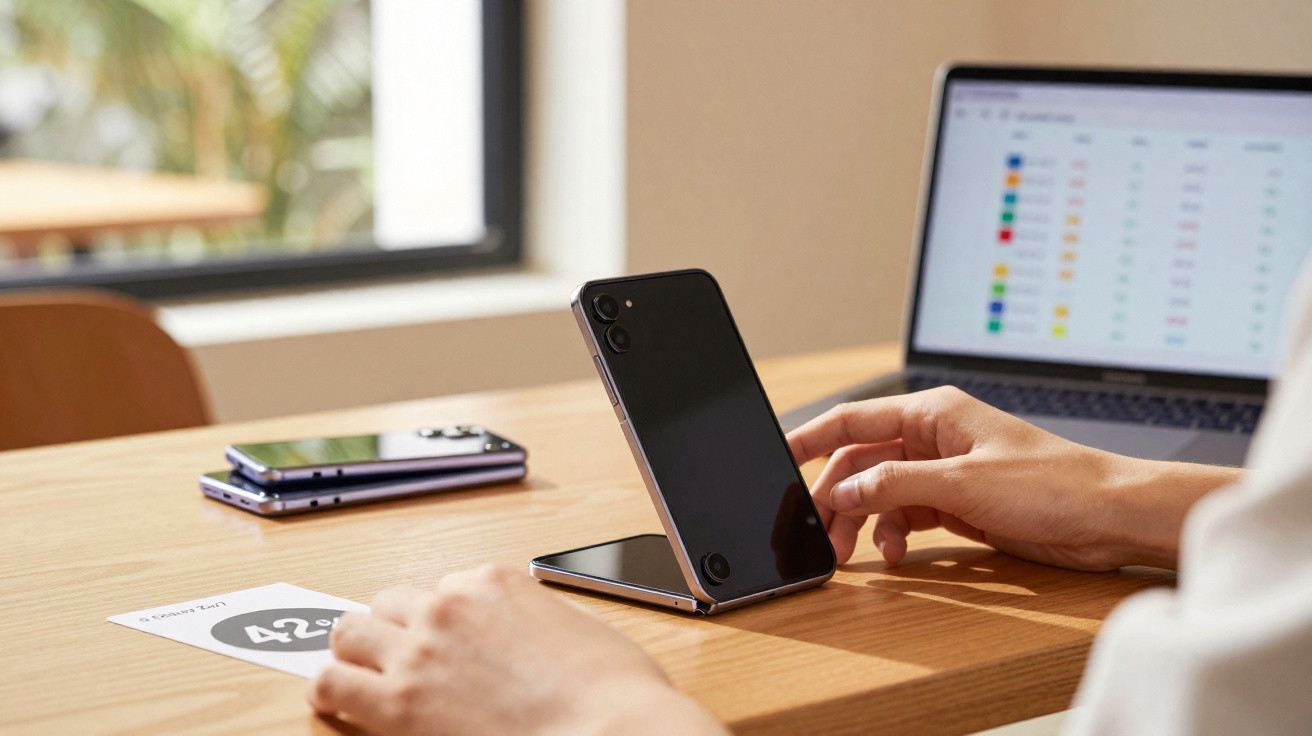 Pessoa manuseando smartphone dobrável em mesa com laptop e outros celulares ao fundo.