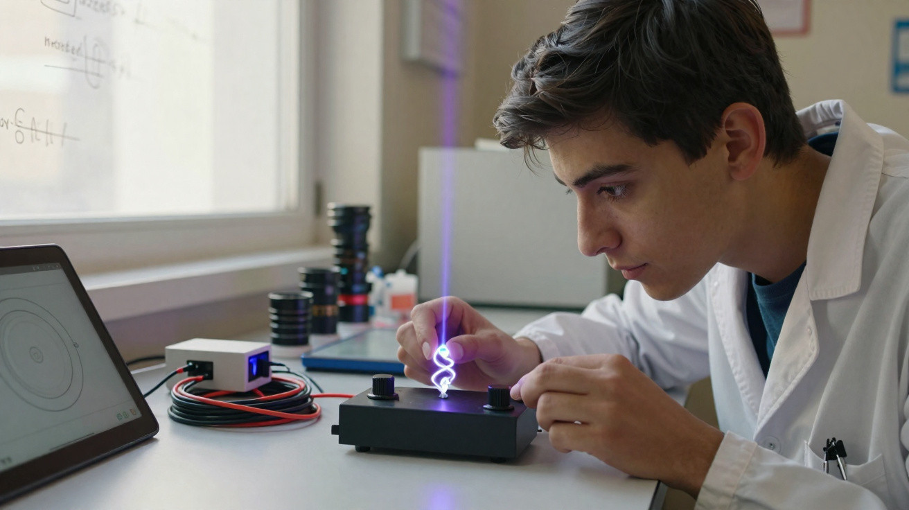 Jovem cientista em laboratório manipula equipamento com luz azul gerando efeito espiral holográfico.