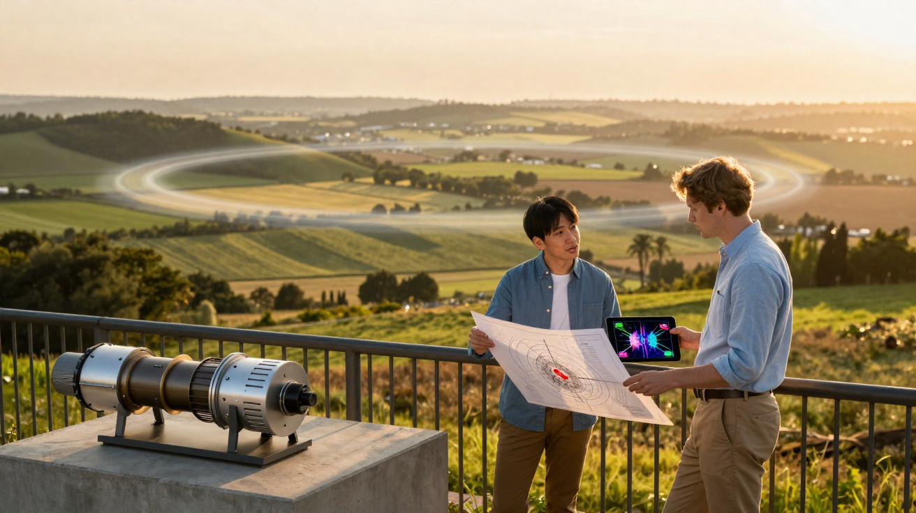Dois homens analisam mapas e dispositivos tecnológicos em varanda com vista para campo e colinas ao pôr do sol.