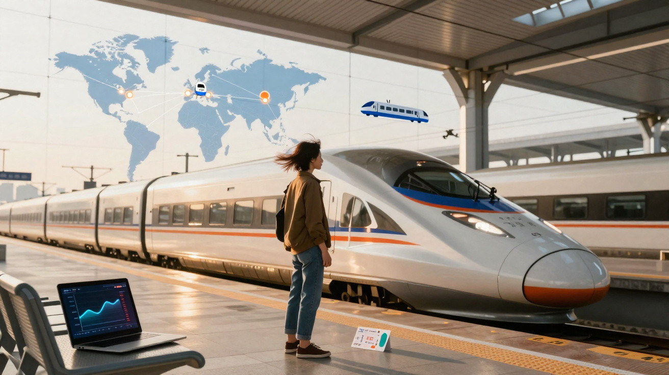 Mulher observa trem-bala em estação moderna com mapa-múndi e laptop exibindo gráficos ao lado.