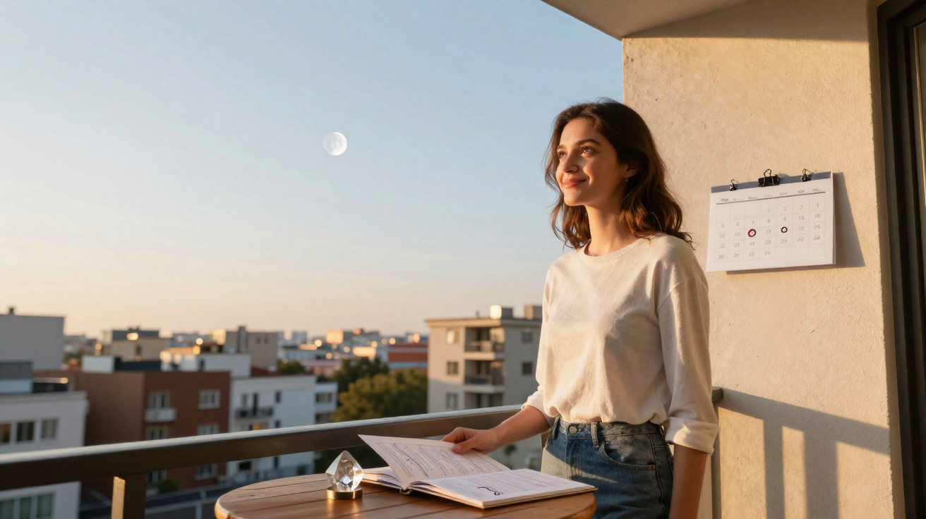 Jovem mulher sorrindo no terraço ao pôr do sol com livro aberto em mesa redonda de madeira.