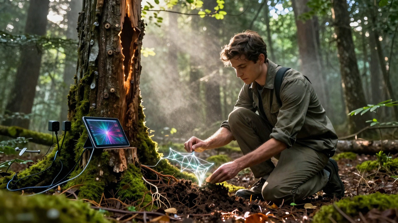 Jovem em floresta interage com rede digital holográfica conectada a tablet preso em árvore.