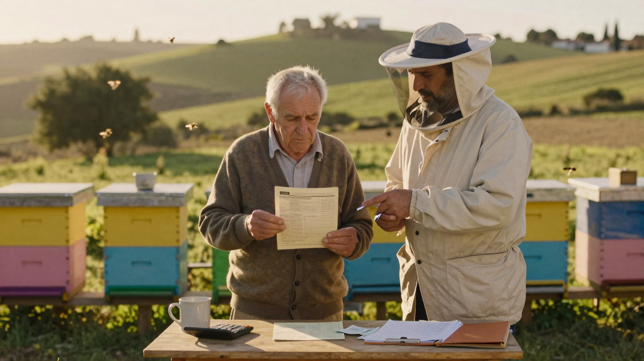 Dois apicultores analisam documentos em uma mesa ao ar livre próxima a colmeias coloridas no campo.