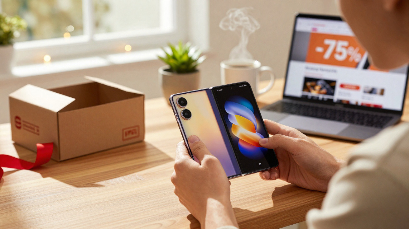 Pessoa segurando smartphone dobrável com tela colorida em mesa com notebook exibindo promoção de 75% de desconto.