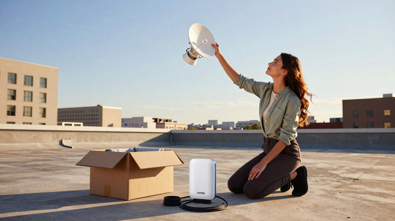 Mulher ajoelhada em telhado segurando antena parabólica próxima a caixa de papelão e equipamento branco.