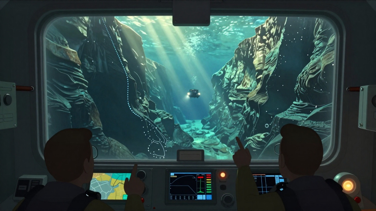 Duas pessoas observam submersível explorando cânion subaquático através de janela de submarino.