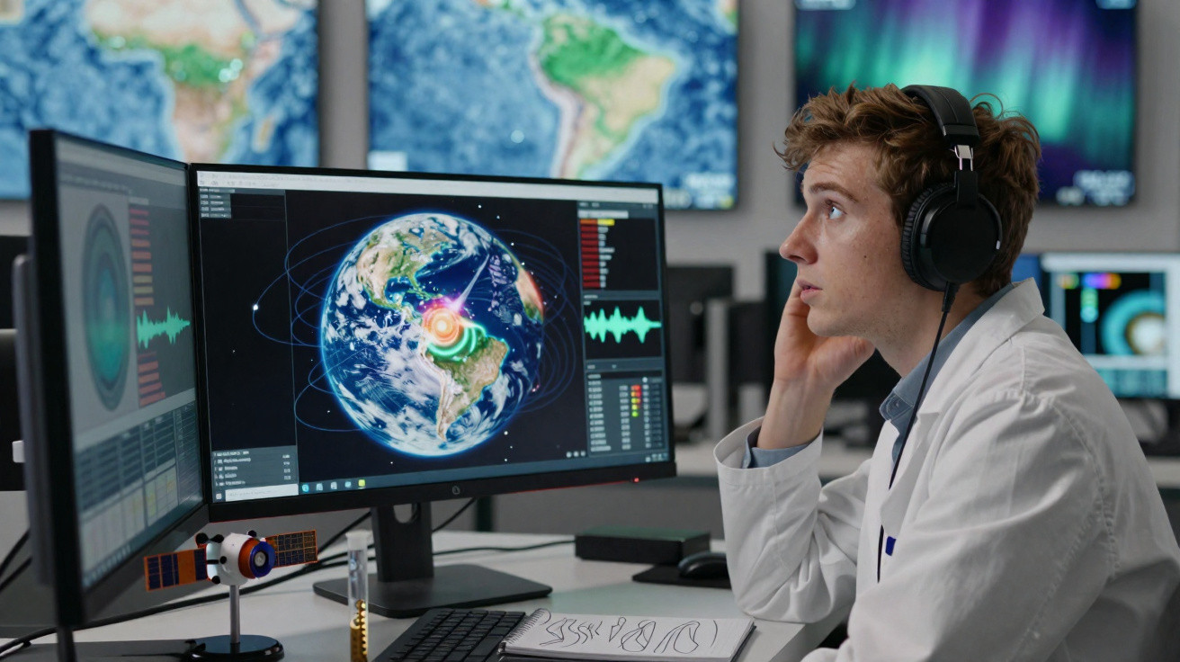Cientista com fones monitora atividade sísmica no mapa da Terra em telas de computador em laboratório.
