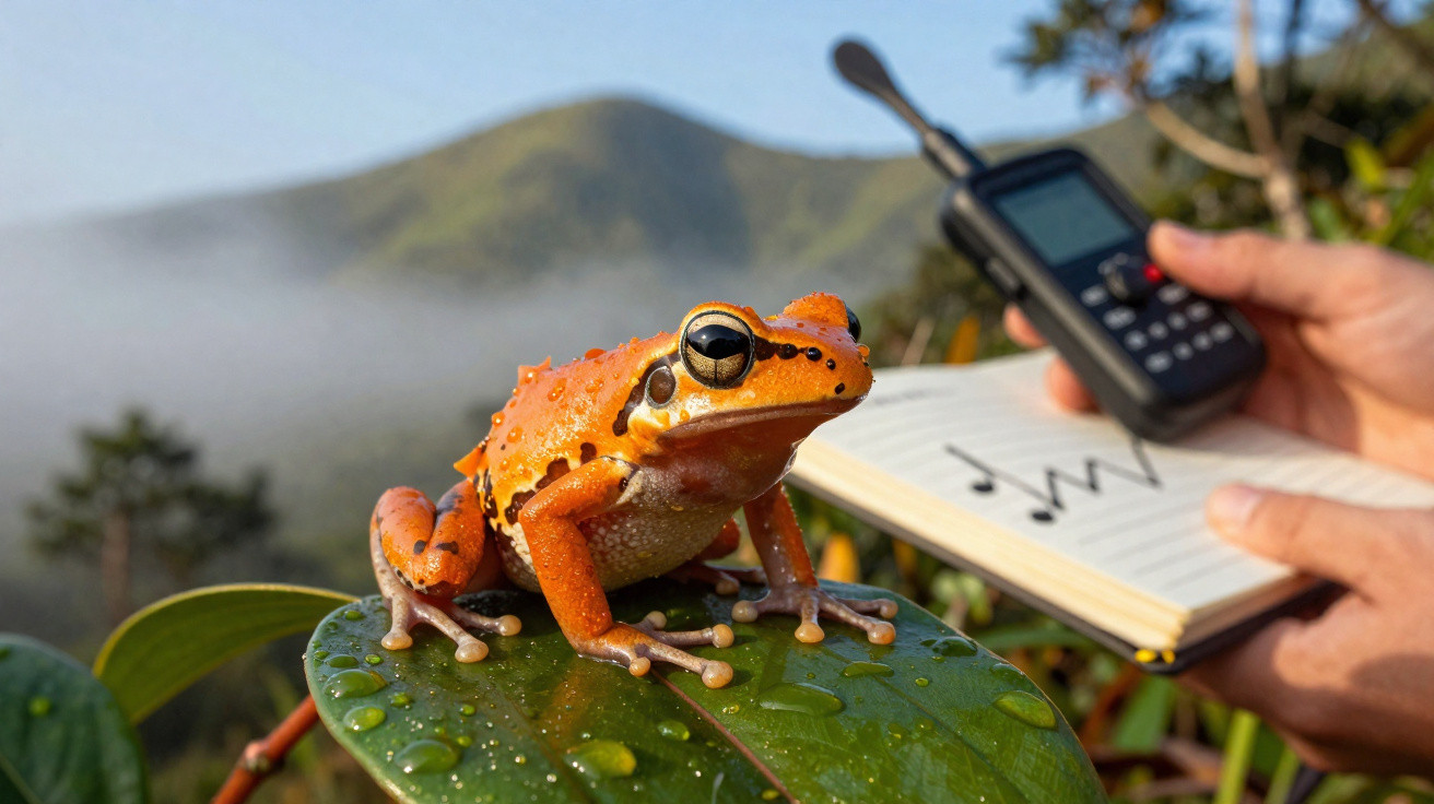 Sapo laranja sobre folha verde com orvalho, ao fundo pessoa segurando gravador e caderno com música.